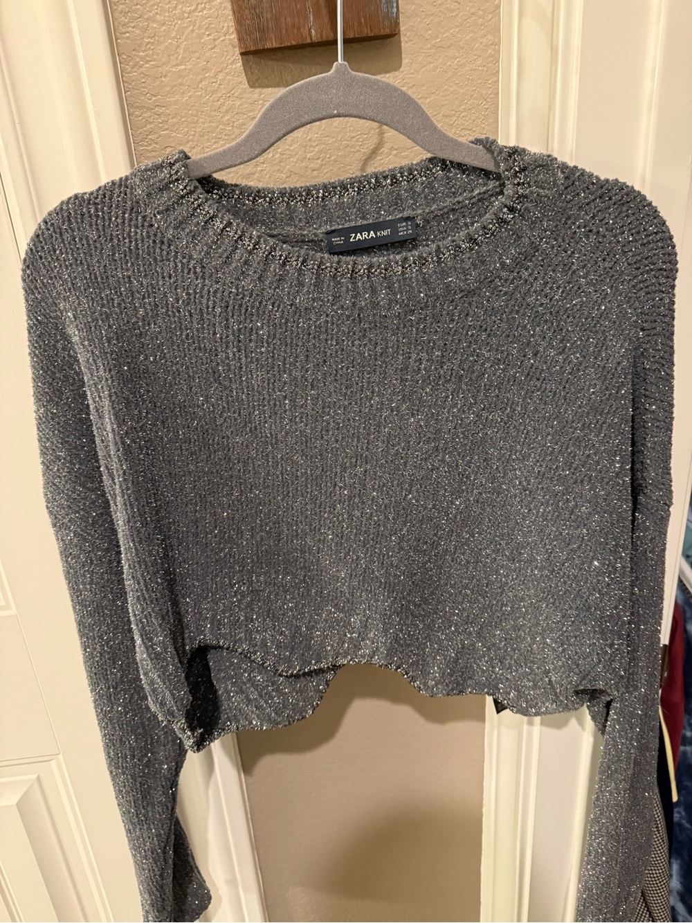 Zara Gray Metallic Cropped Knit Sweater